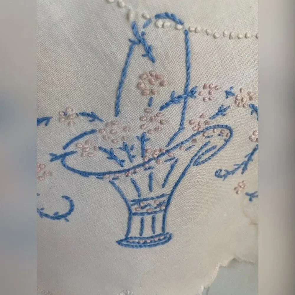Vintage Tablecloth Small White Linen Embroidered Floral Basket 18” *Read*